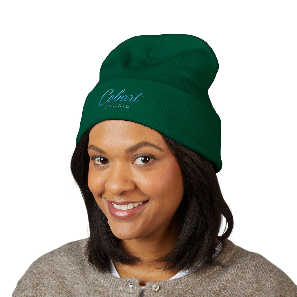 Embroidered 'Cobalt Studio' Classic Cuffed Beanie — Cozy Logo Knit Hat