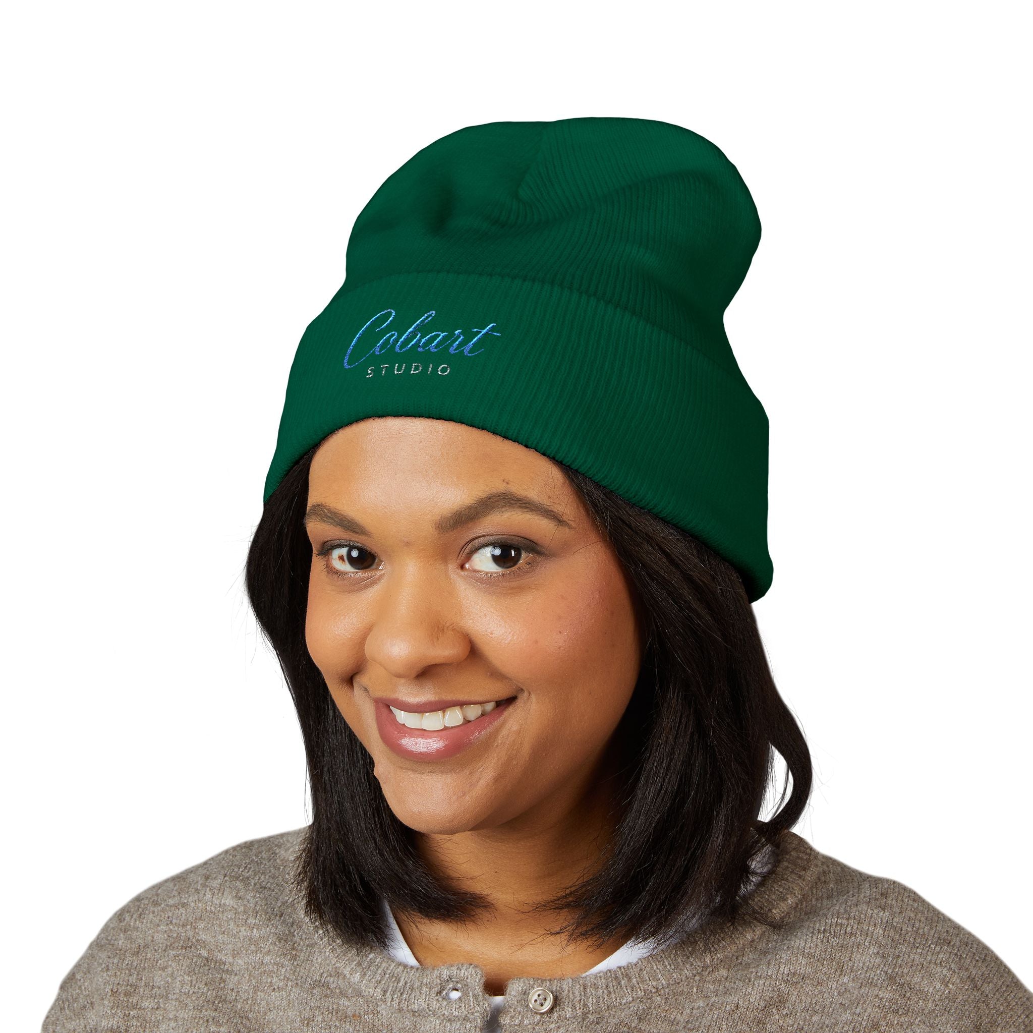 Embroidered 'Cobalt Studio' Classic Cuffed Beanie — Cozy Logo Knit Hat