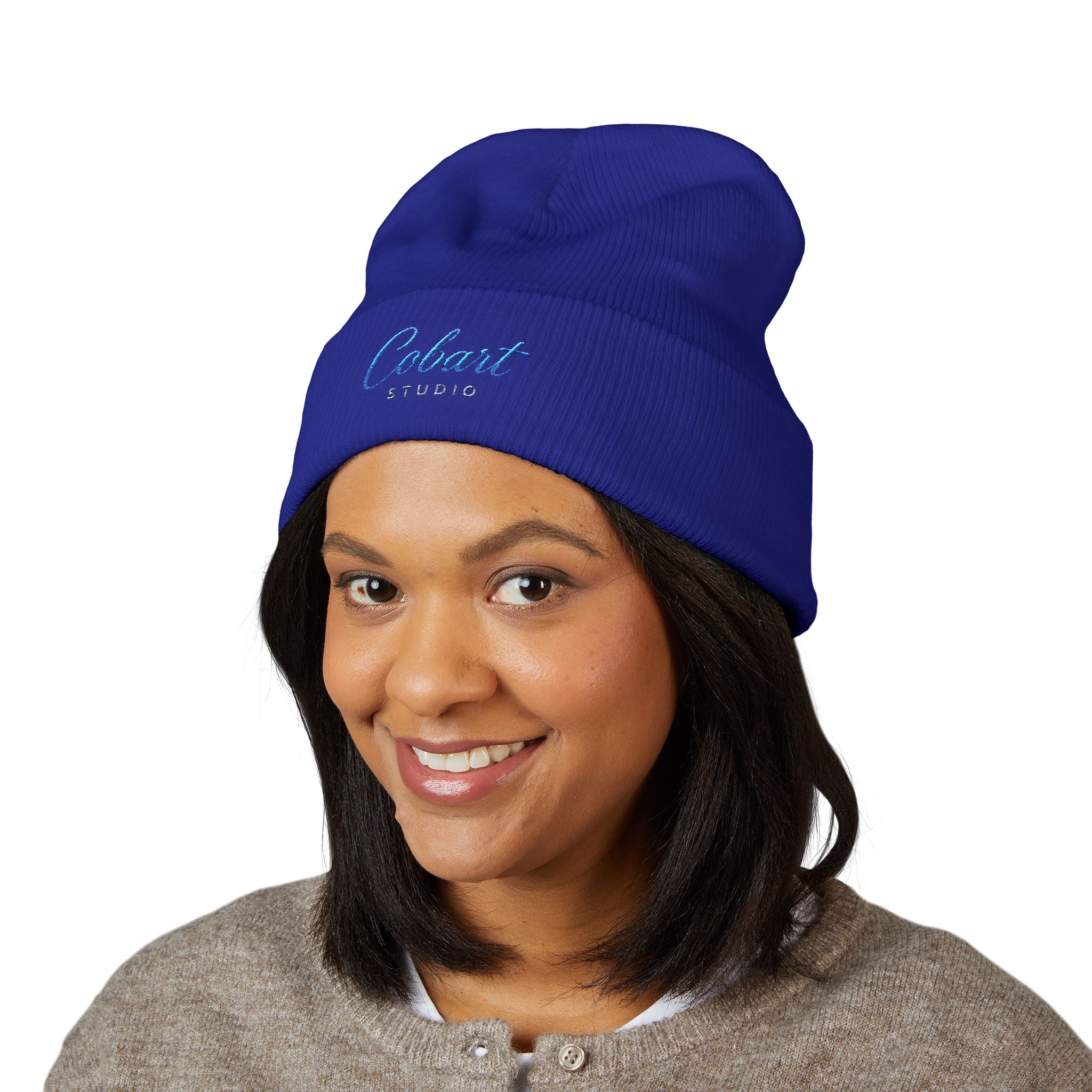 Embroidered 'Cobalt Studio' Classic Cuffed Beanie — Cozy Logo Knit Hat