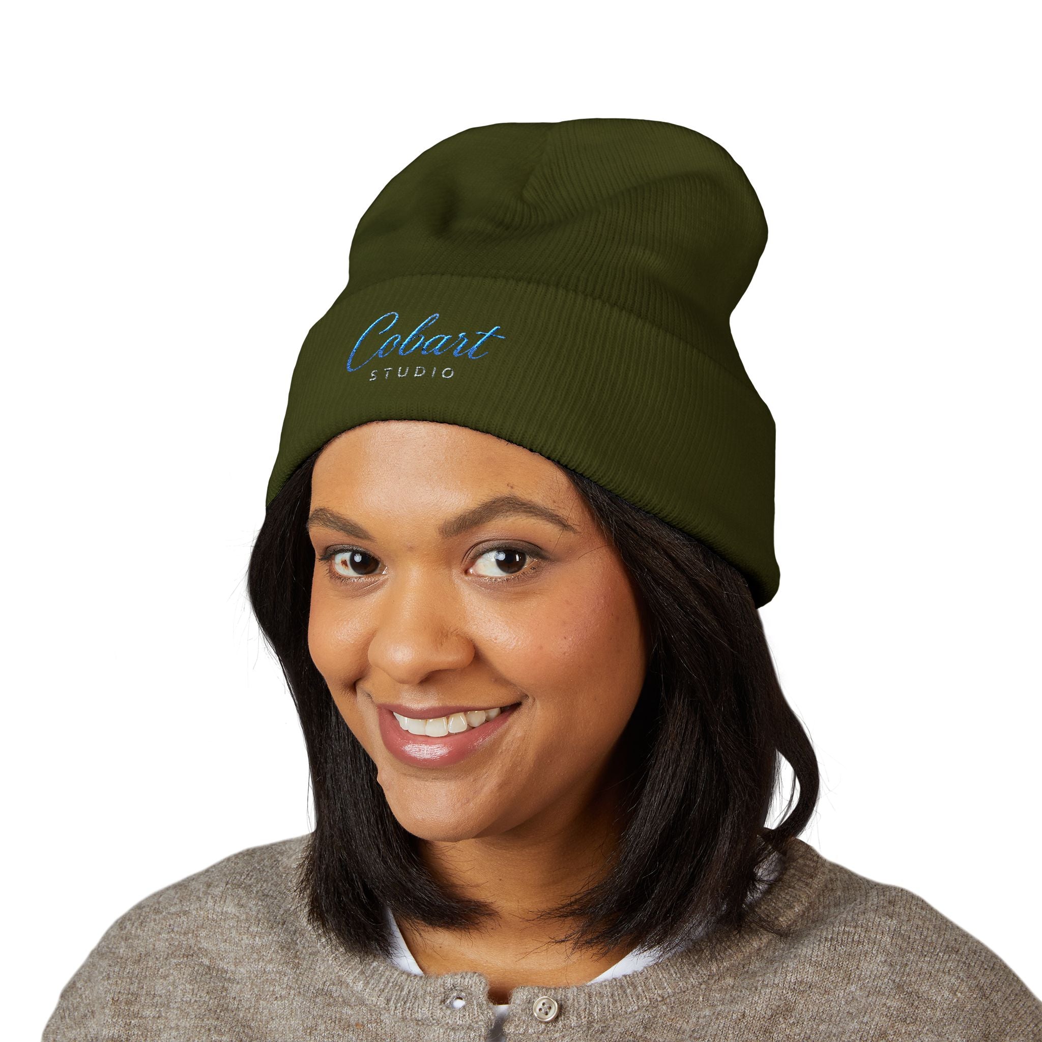 Embroidered 'Cobalt Studio' Classic Cuffed Beanie — Cozy Logo Knit Hat