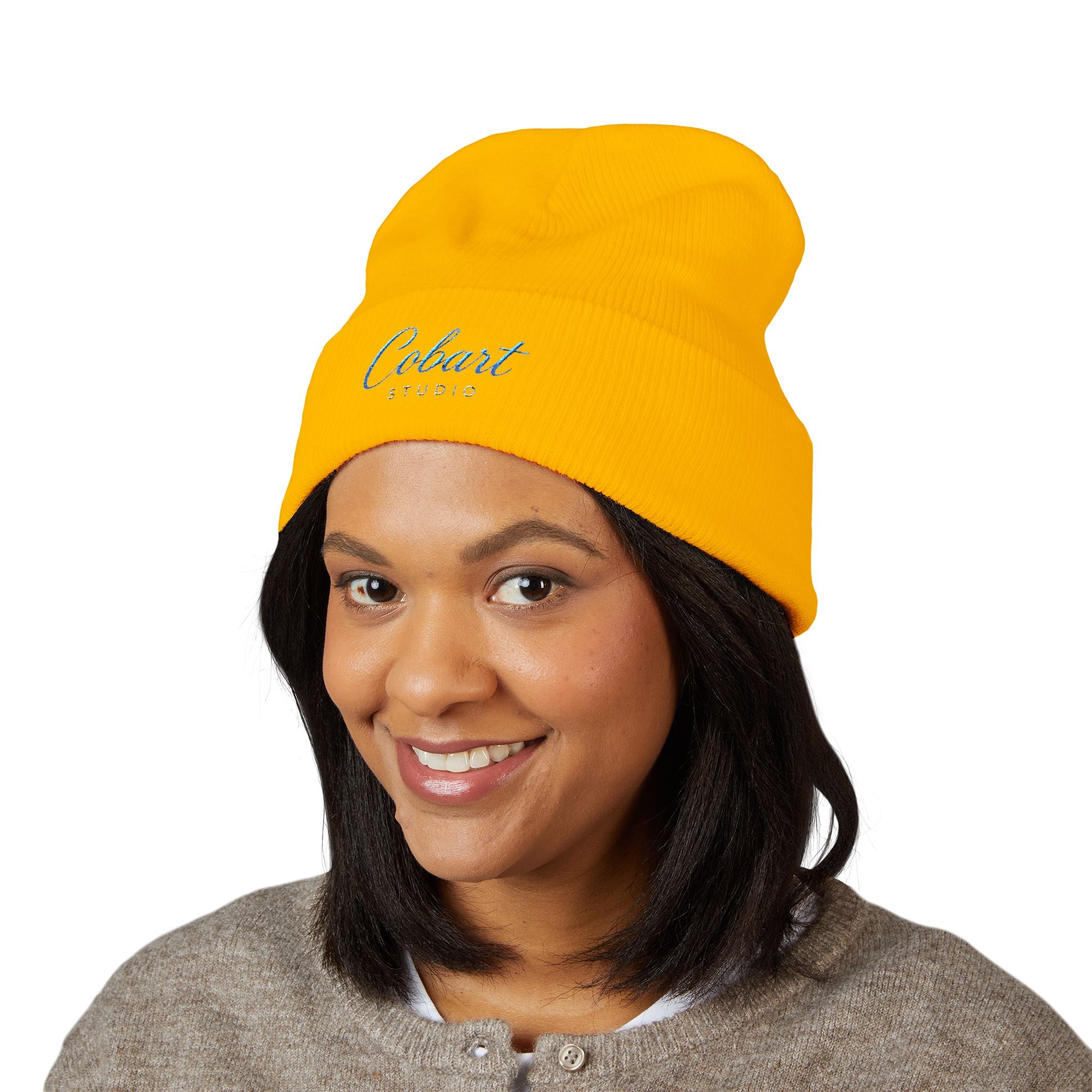 Embroidered 'Cobalt Studio' Classic Cuffed Beanie — Cozy Logo Knit Hat