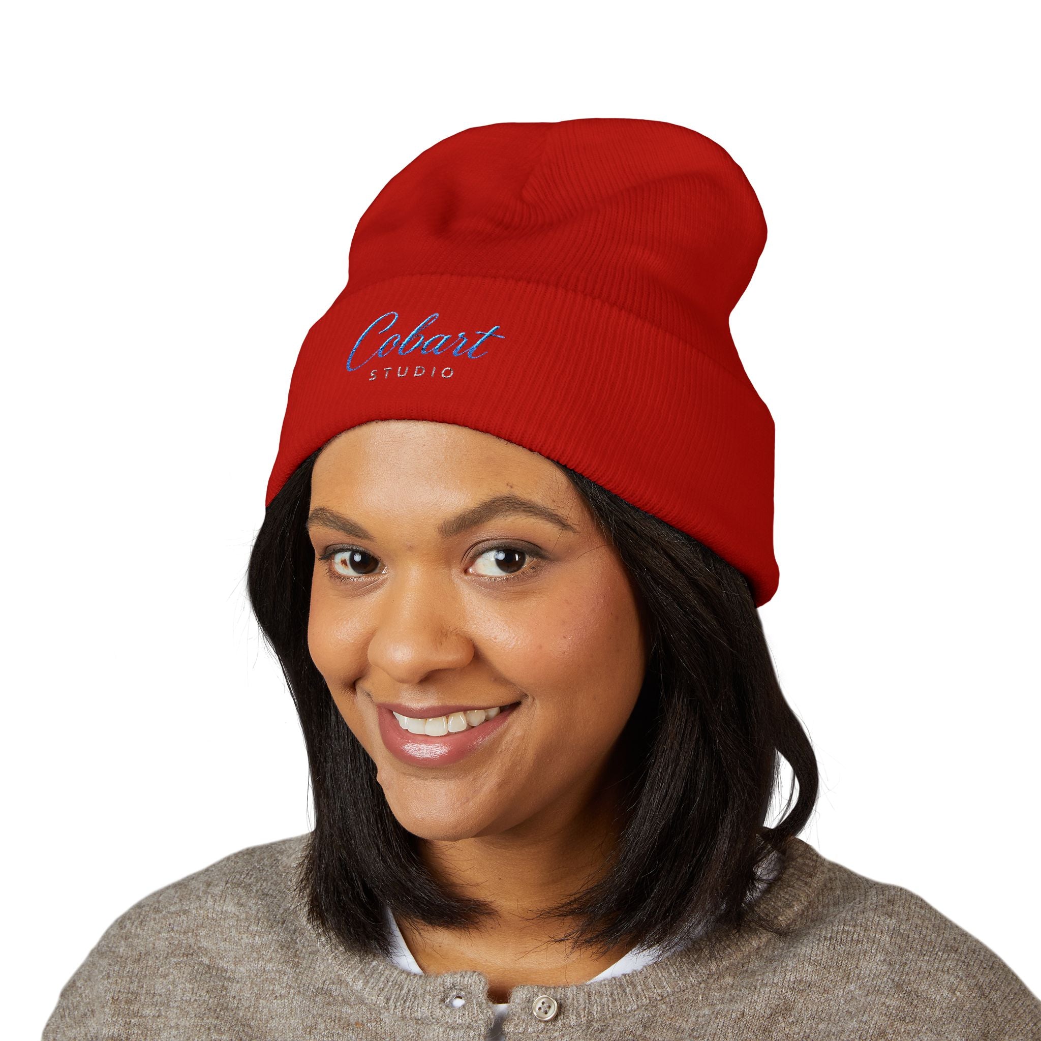 Embroidered 'Cobalt Studio' Classic Cuffed Beanie — Cozy Logo Knit Hat