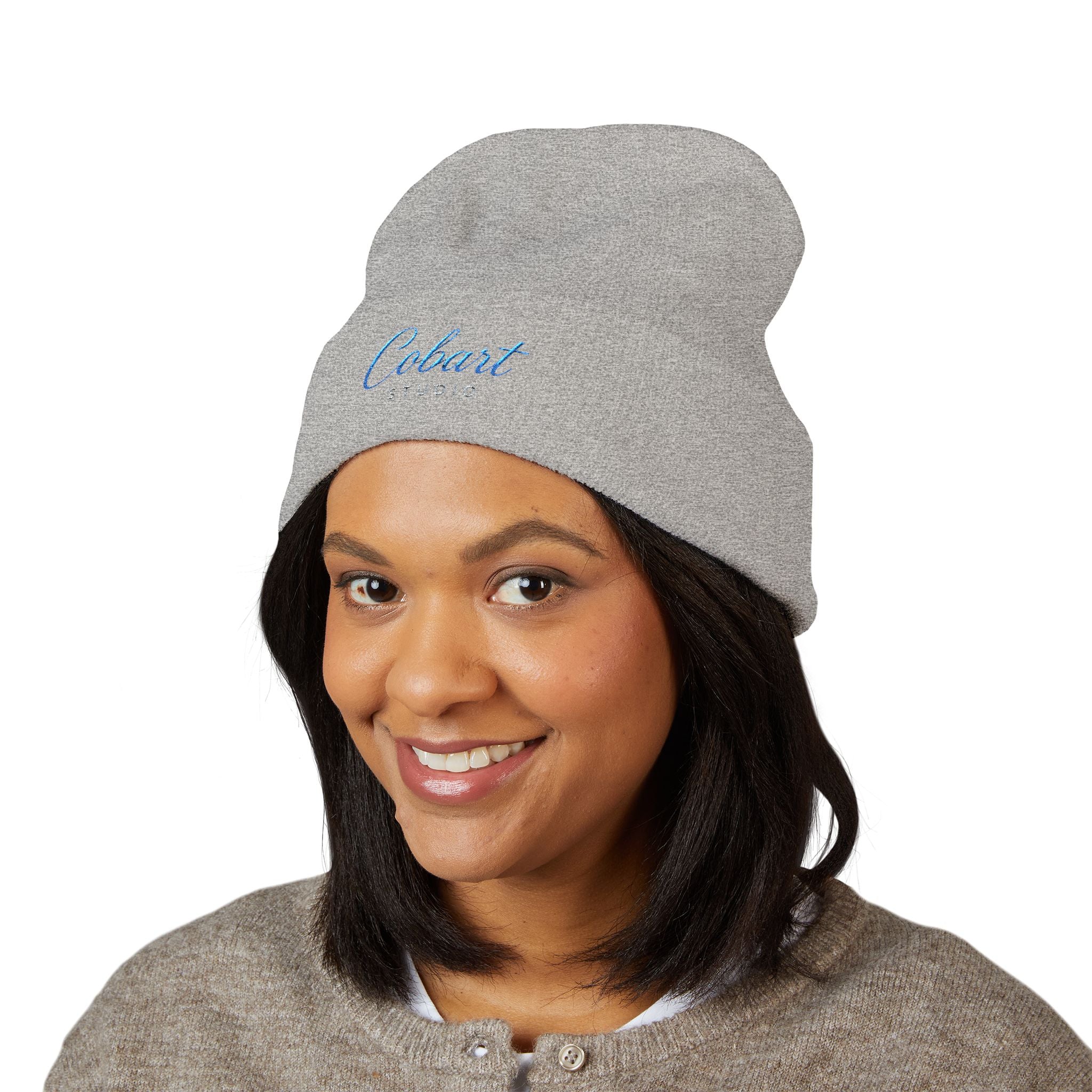 Embroidered 'Cobalt Studio' Classic Cuffed Beanie — Cozy Logo Knit Hat