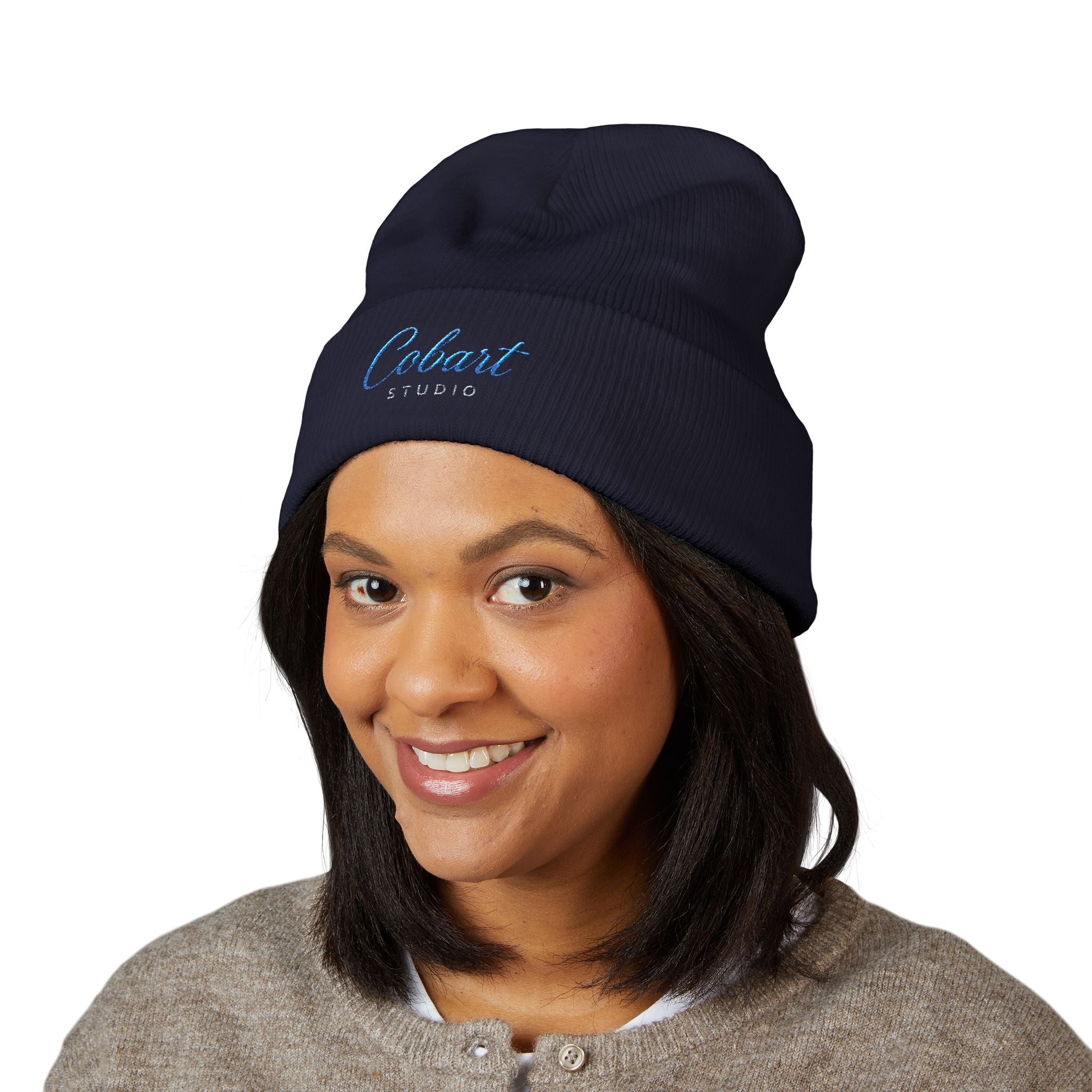 Embroidered 'Cobalt Studio' Classic Cuffed Beanie — Cozy Logo Knit Hat